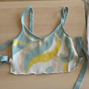 WORN ONCE! Groovy Knit Bow Back Tie Crop Top Light Blue Festival Top Small